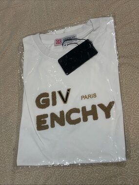 Givenchy White Short Sleeve Logo Tee with Beige Accents